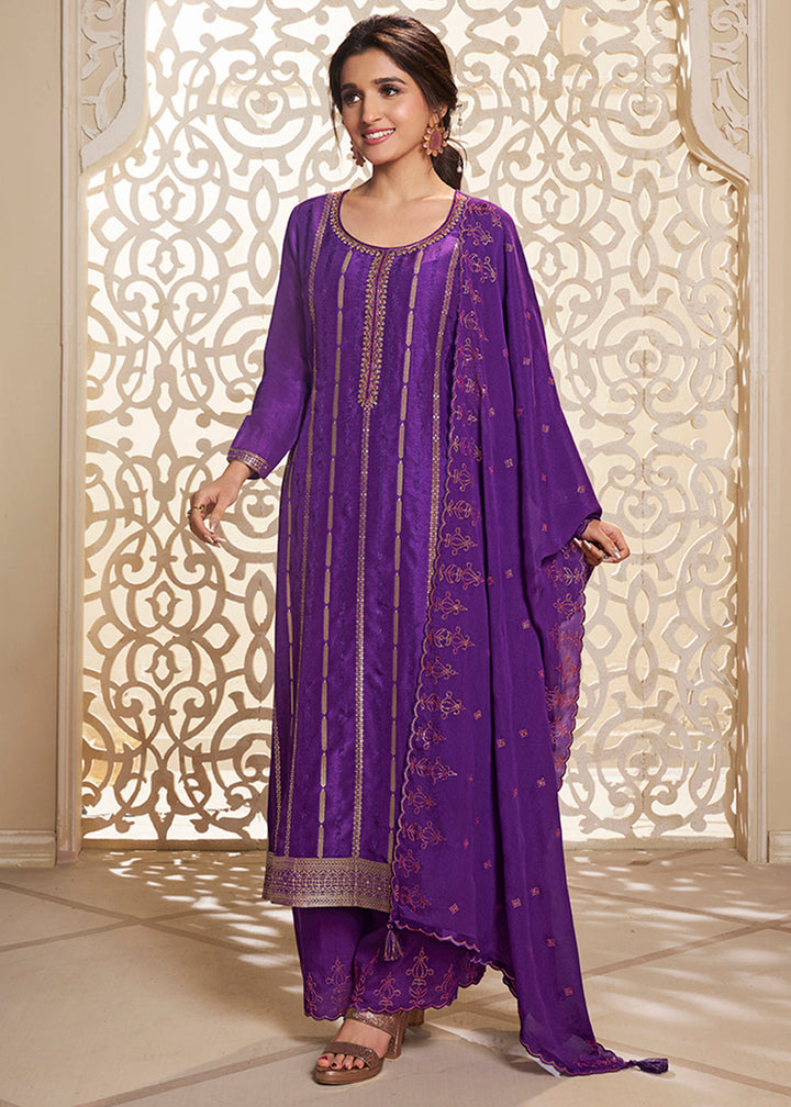 Grape Purple Dola Silk Suit Adorned with Zari and Self Jacquard Weave