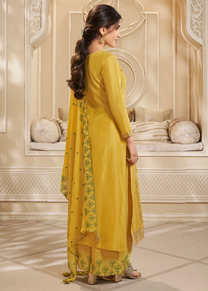 Butterscotch Yellow Dola Silk Suit Adorned with Zari and Self Jacquard Weave