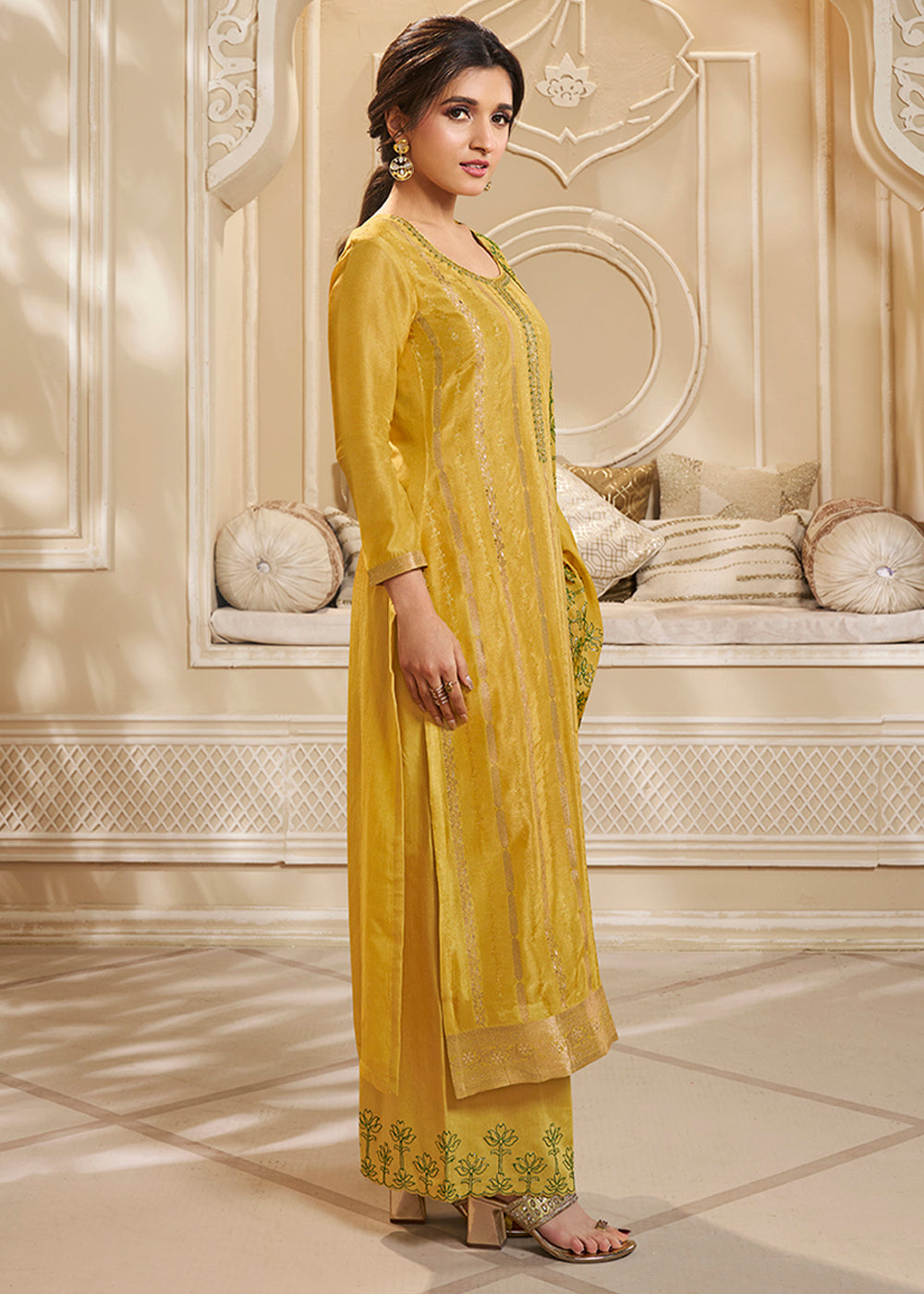 Butterscotch Yellow Dola Silk Suit Adorned with Zari and Self Jacquard Weave