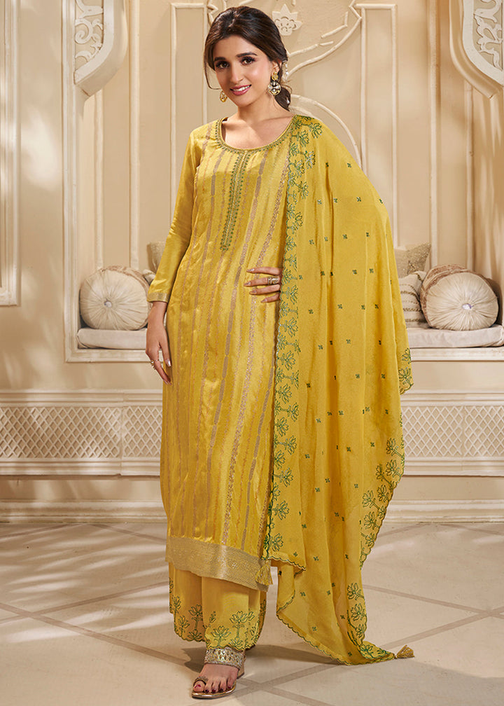 Butterscotch Yellow Dola Silk Suit Adorned with Zari and Self Jacquard Weave