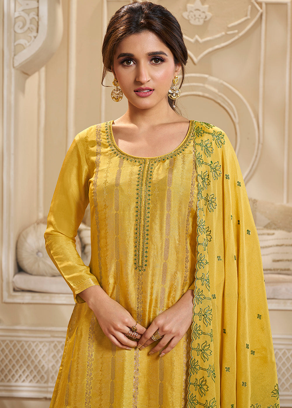 Butterscotch Yellow Dola Silk Suit Adorned with Zari and Self Jacquard Weave