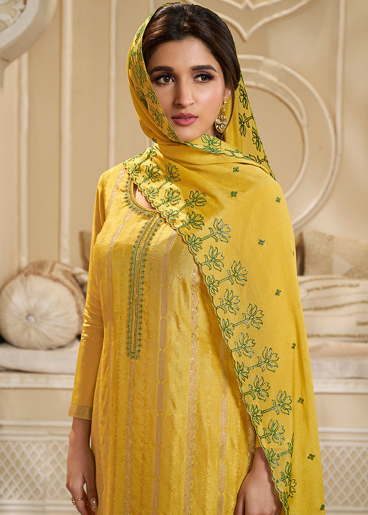 Butterscotch Yellow Dola Silk Suit Adorned with Zari and Self Jacquard Weave