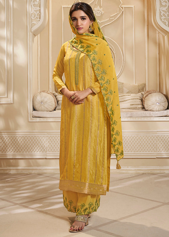 Butterscotch Yellow Dola Silk Suit Adorned with Zari and Self Jacquard Weave