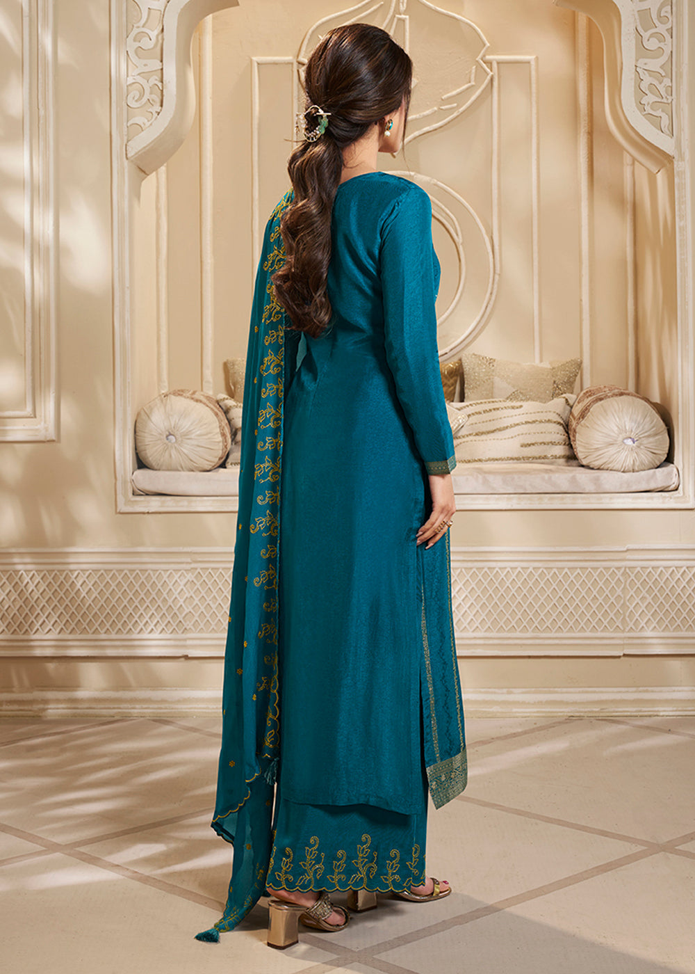 Beautiful Blue Dola Silk Suit Adorned with Zari and Self Jacquard Weave