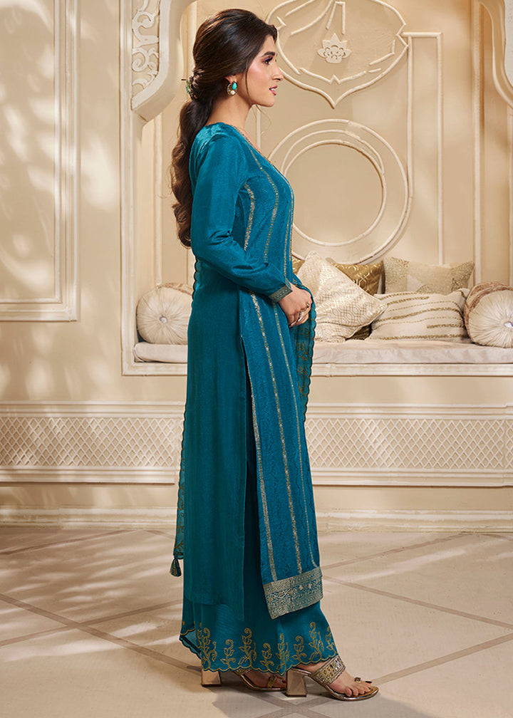 Beautiful Blue Dola Silk Suit Adorned with Zari and Self Jacquard Weave