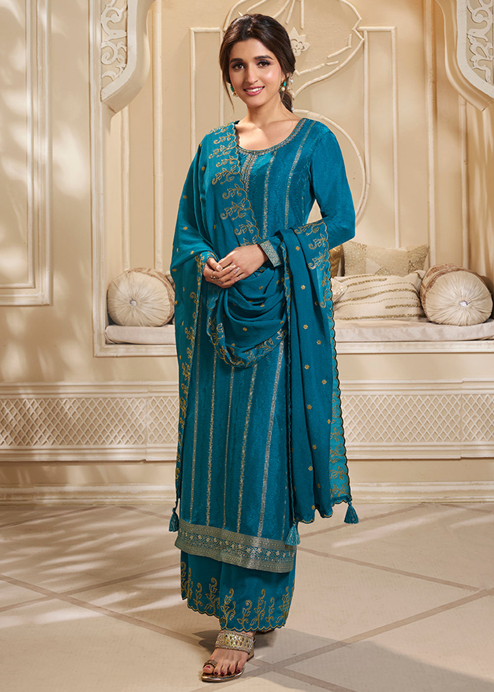 Beautiful Blue Dola Silk Suit Adorned with Zari and Self Jacquard Weave