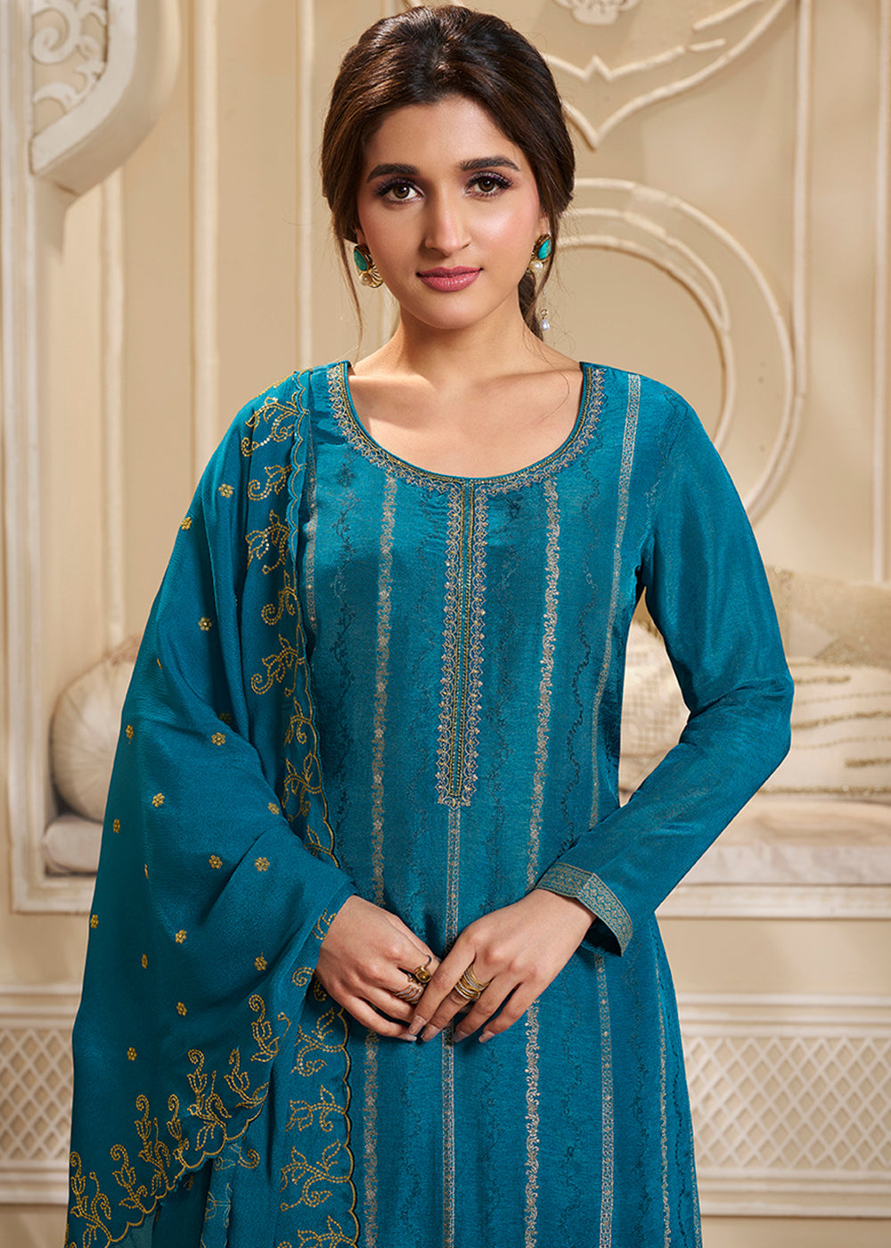 Beautiful Blue Dola Silk Suit Adorned with Zari and Self Jacquard Weave