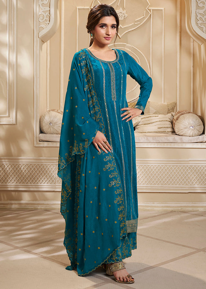 Beautiful Blue Dola Silk Suit Adorned with Zari and Self Jacquard Weave