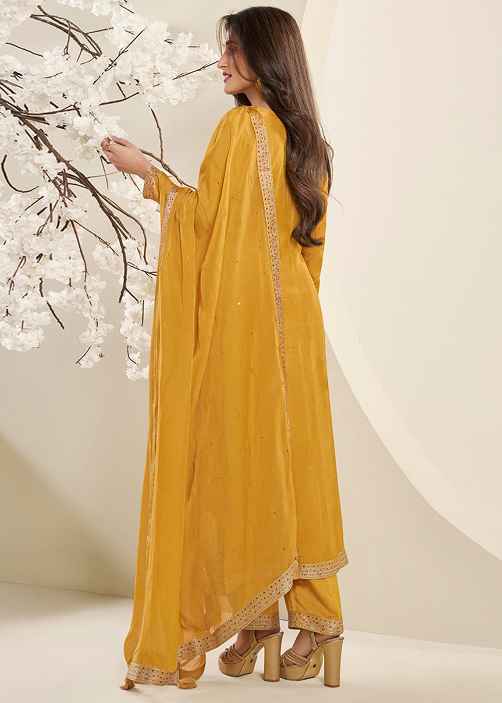 Mustard Yellow Jacquard Muslin Suit with Floral Buttis in Multicolor Threads