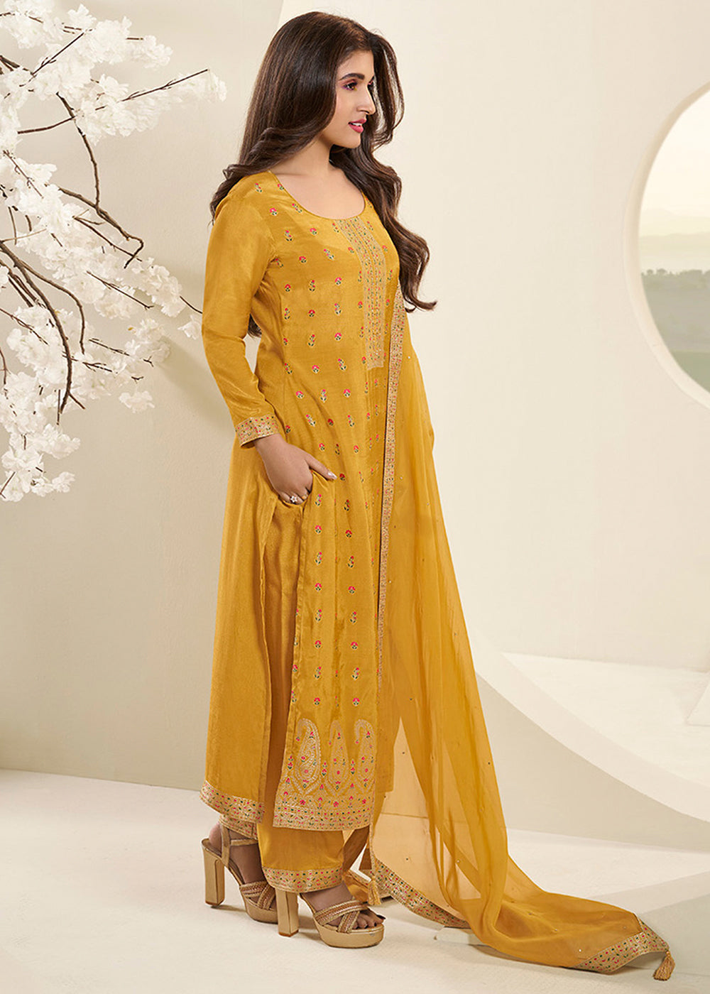 Mustard Yellow Jacquard Muslin Suit with Floral Buttis in Multicolor Threads