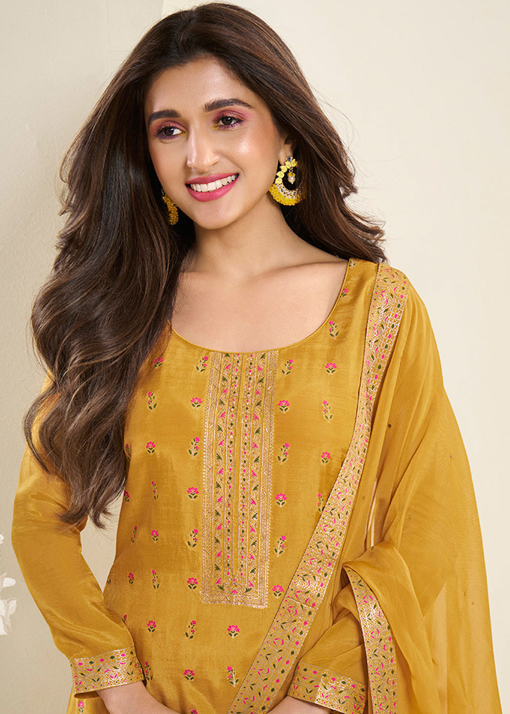 Mustard Yellow Jacquard Muslin Suit with Floral Buttis in Multicolor Threads