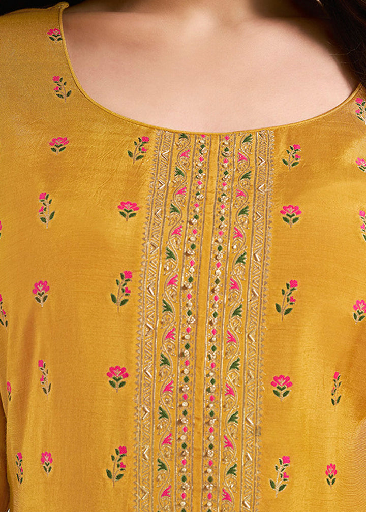 Mustard Yellow Jacquard Muslin Suit with Floral Buttis in Multicolor Threads