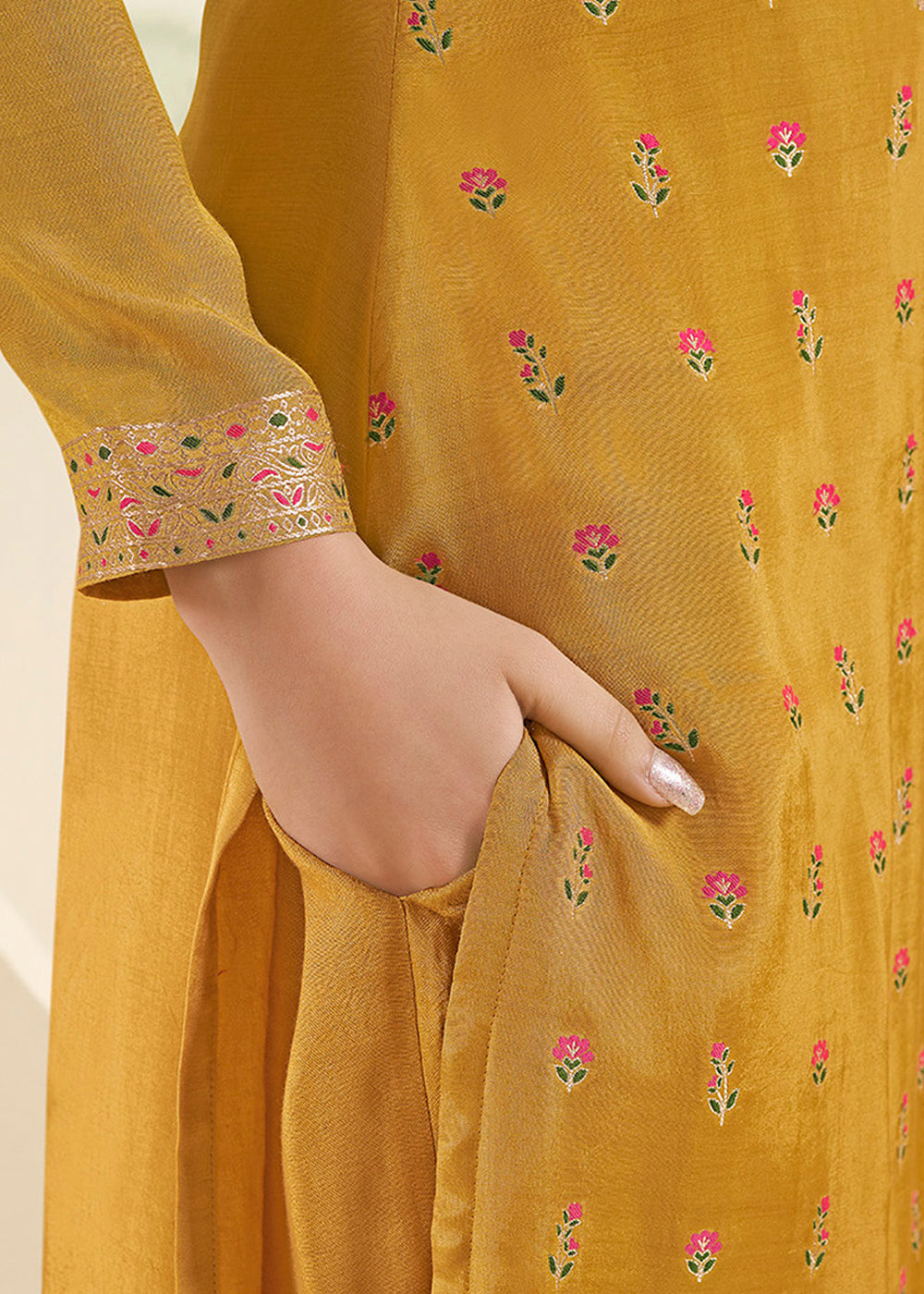 Mustard Yellow Jacquard Muslin Suit with Floral Buttis in Multicolor Threads