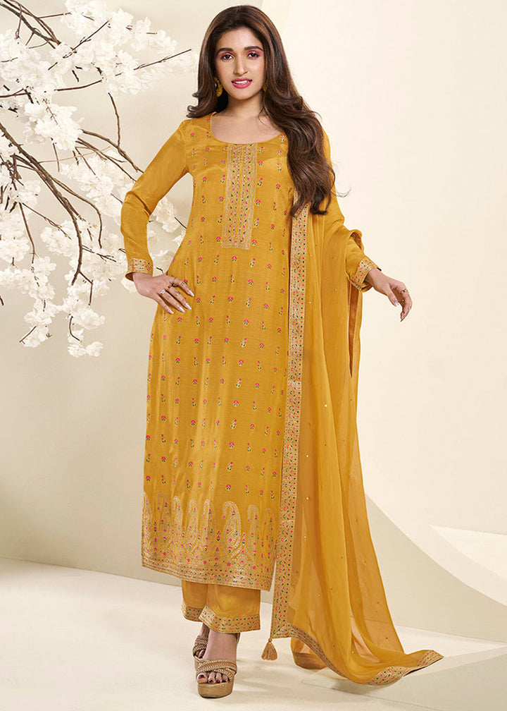 Mustard Yellow Jacquard Muslin Suit with Floral Buttis in Multicolor Threads