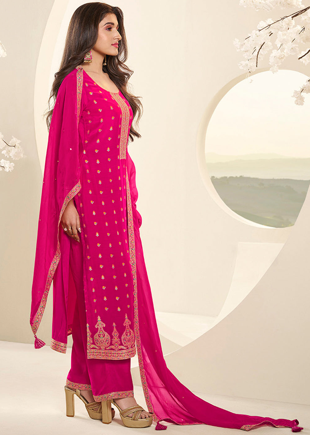 Hot Pink Jacquard Muslin Suit with Floral Buttis in Multicolor Threads