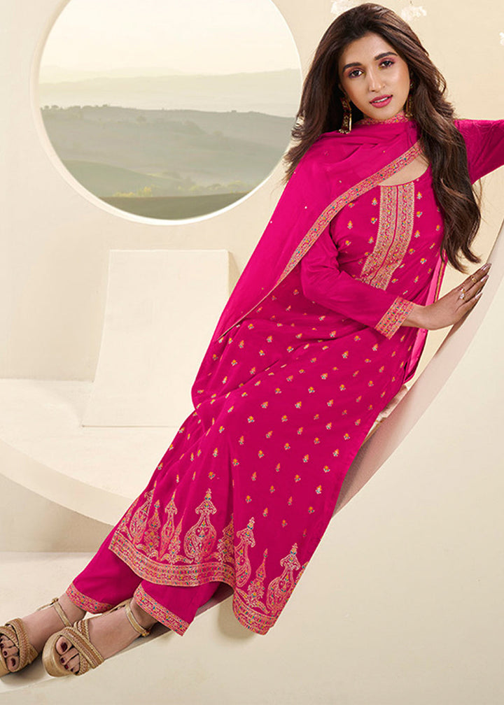 Hot Pink Jacquard Muslin Suit with Floral Buttis in Multicolor Threads