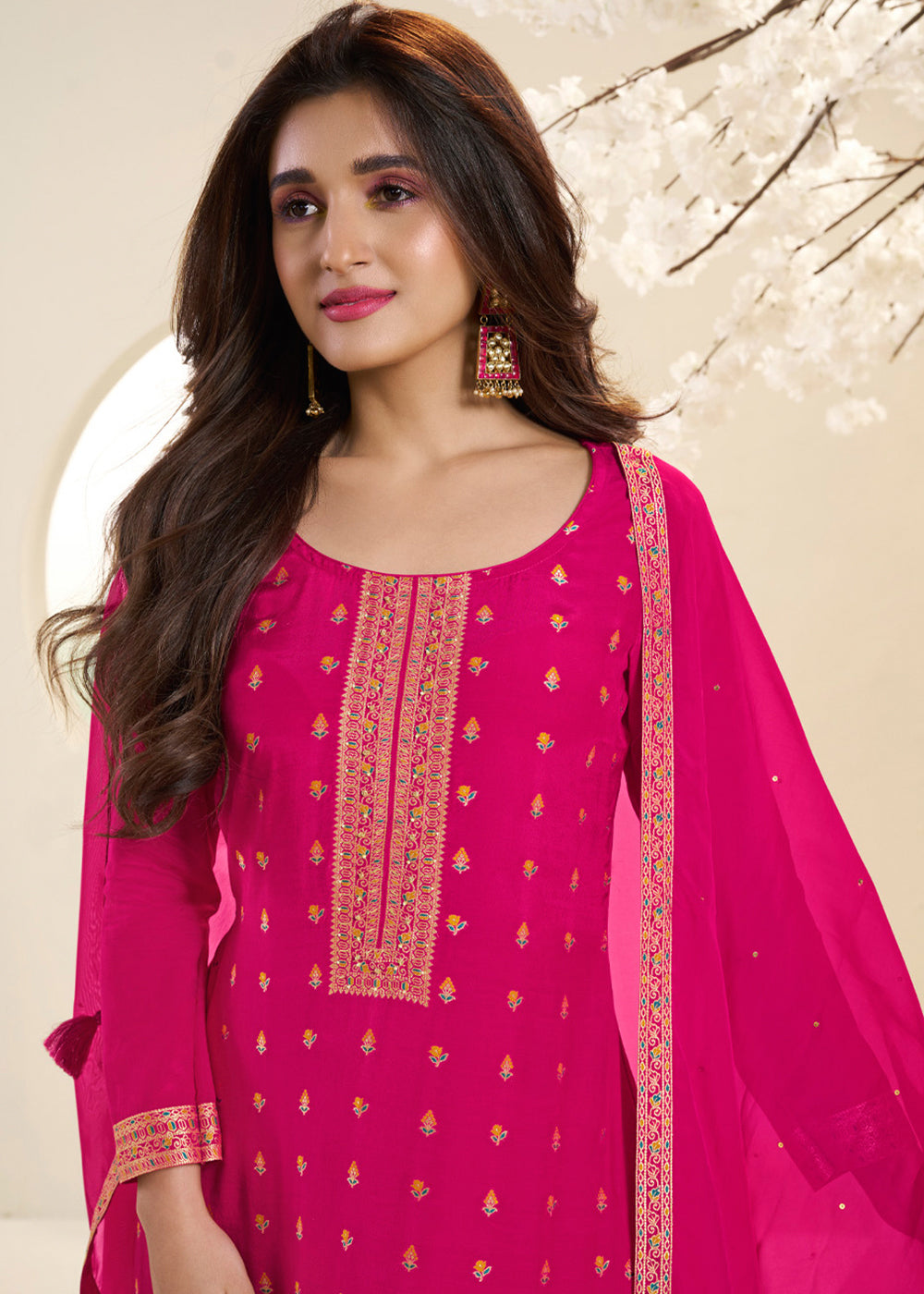 Hot Pink Jacquard Muslin Suit with Floral Buttis in Multicolor Threads