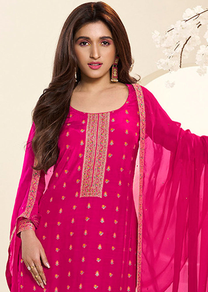 Hot Pink Jacquard Muslin Suit with Floral Buttis in Multicolor Threads