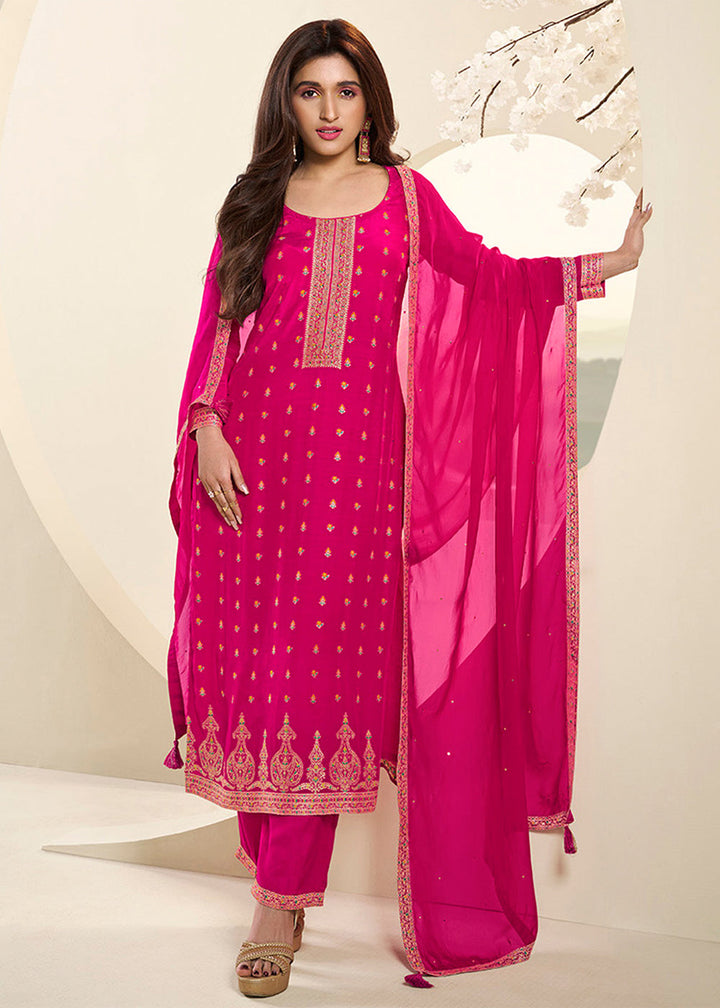 Hot Pink Jacquard Muslin Suit with Floral Buttis in Multicolor Threads