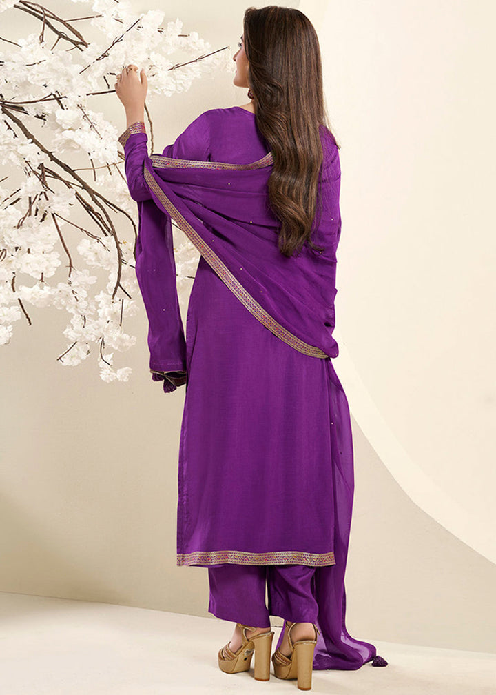 Grape Purple Jacquard Muslin Suit with Floral Buttis in Multicolor Threads