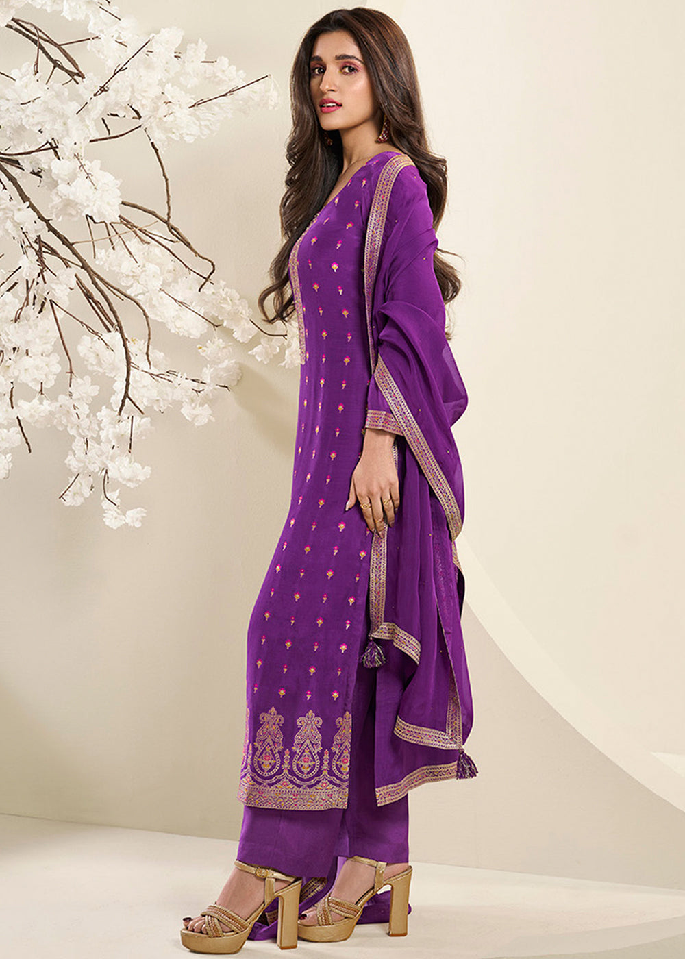 Grape Purple Jacquard Muslin Suit with Floral Buttis in Multicolor Threads