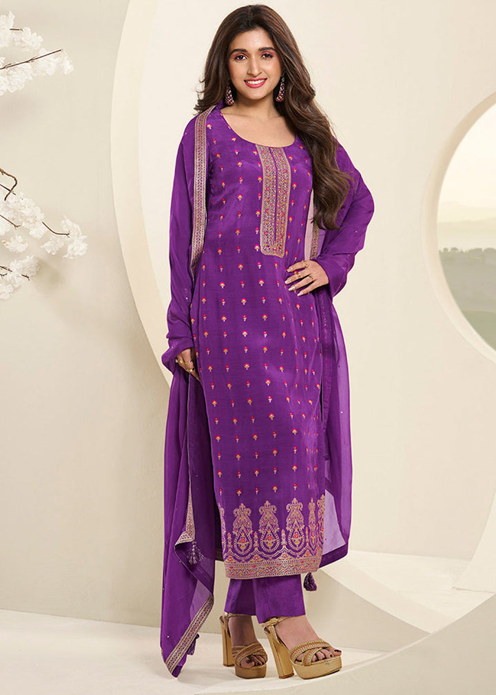 Grape Purple Jacquard Muslin Suit with Floral Buttis in Multicolor Threads