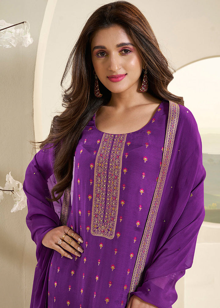 Grape Purple Jacquard Muslin Suit with Floral Buttis in Multicolor Threads