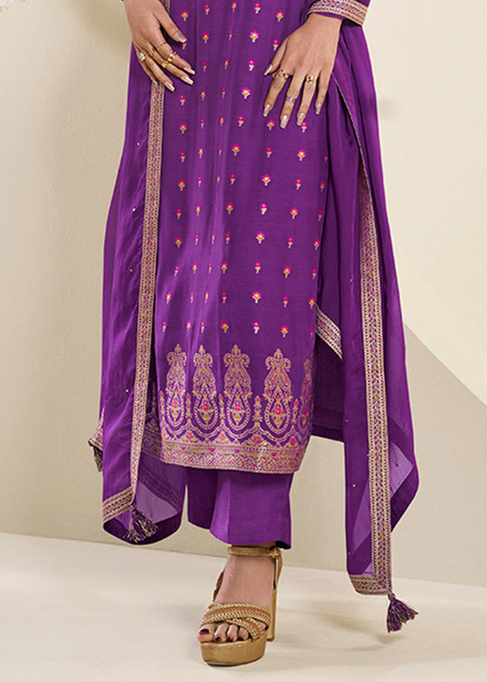 Grape Purple Jacquard Muslin Suit with Floral Buttis in Multicolor Threads