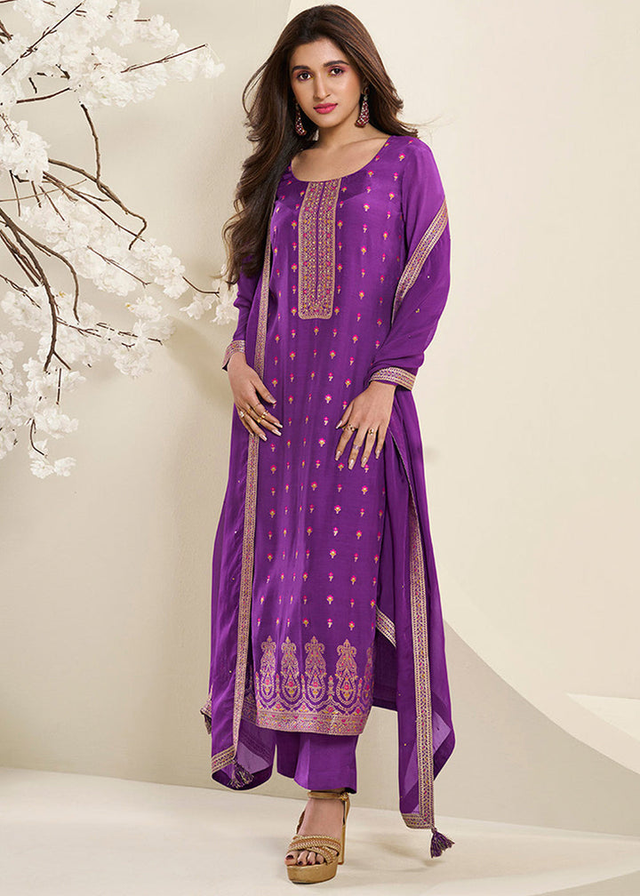 Grape Purple Jacquard Muslin Suit with Floral Buttis in Multicolor Threads