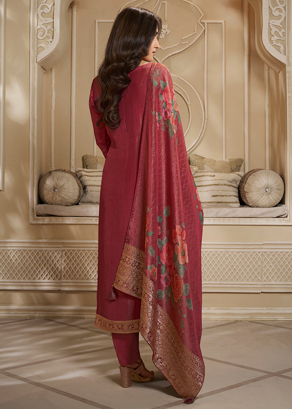 Maroon Red Jacquard Suit in Tissue Silk Featuring Floral Jaal