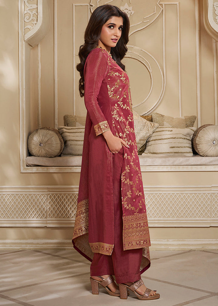 Maroon Red Jacquard Suit in Tissue Silk Featuring Floral Jaal