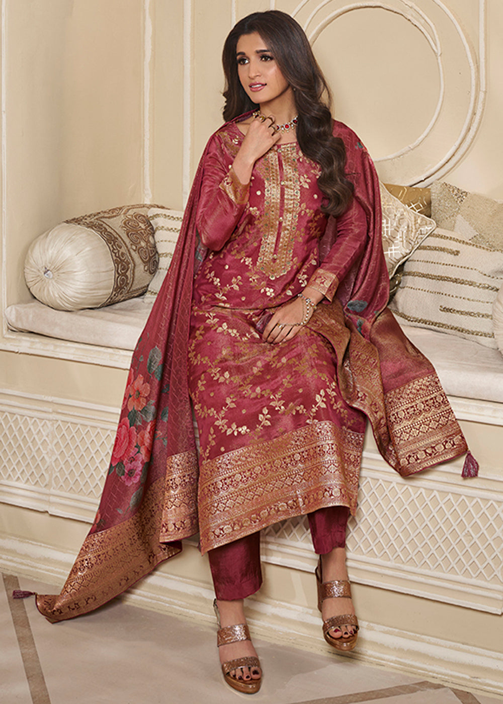 Maroon Red Jacquard Suit in Tissue Silk Featuring Floral Jaal