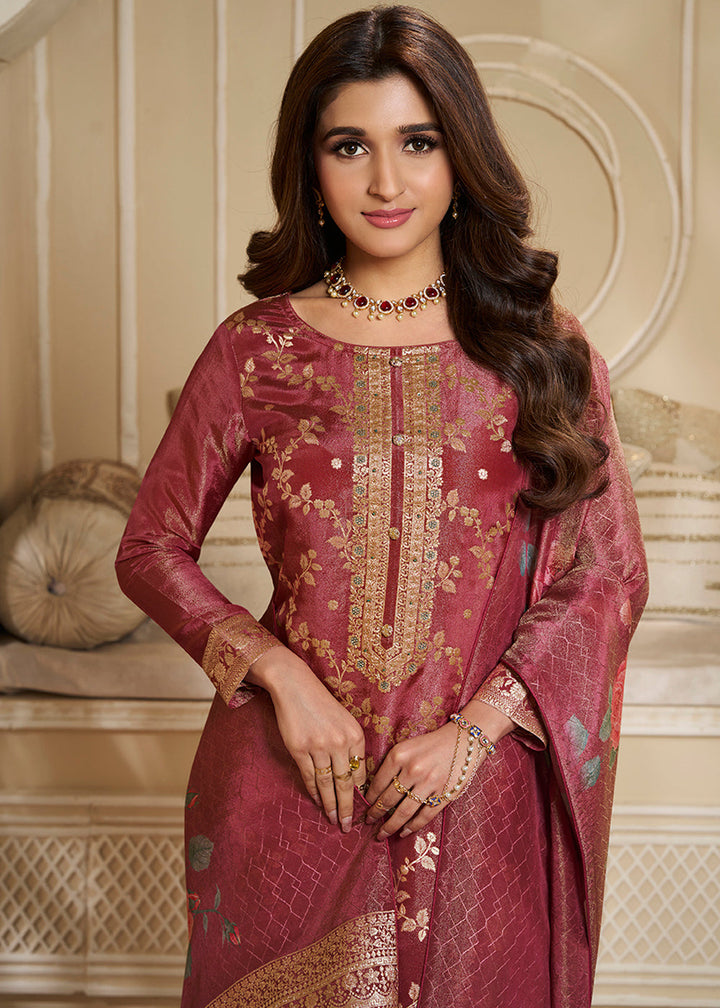 Maroon Red Jacquard Suit in Tissue Silk Featuring Floral Jaal