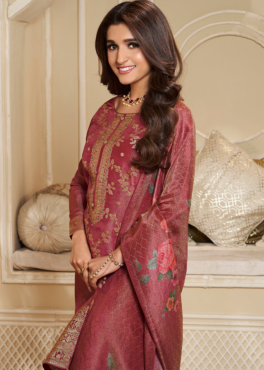 Maroon Red Jacquard Suit in Tissue Silk Featuring Floral Jaal