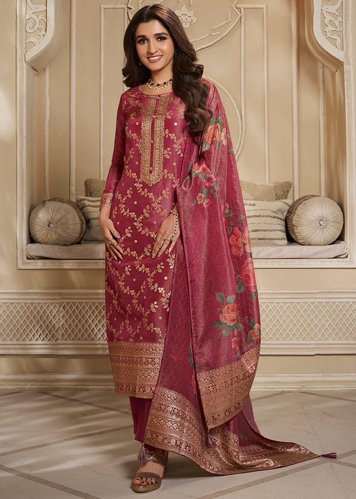 Maroon Red Jacquard Suit in Tissue Silk Featuring Floral Jaal