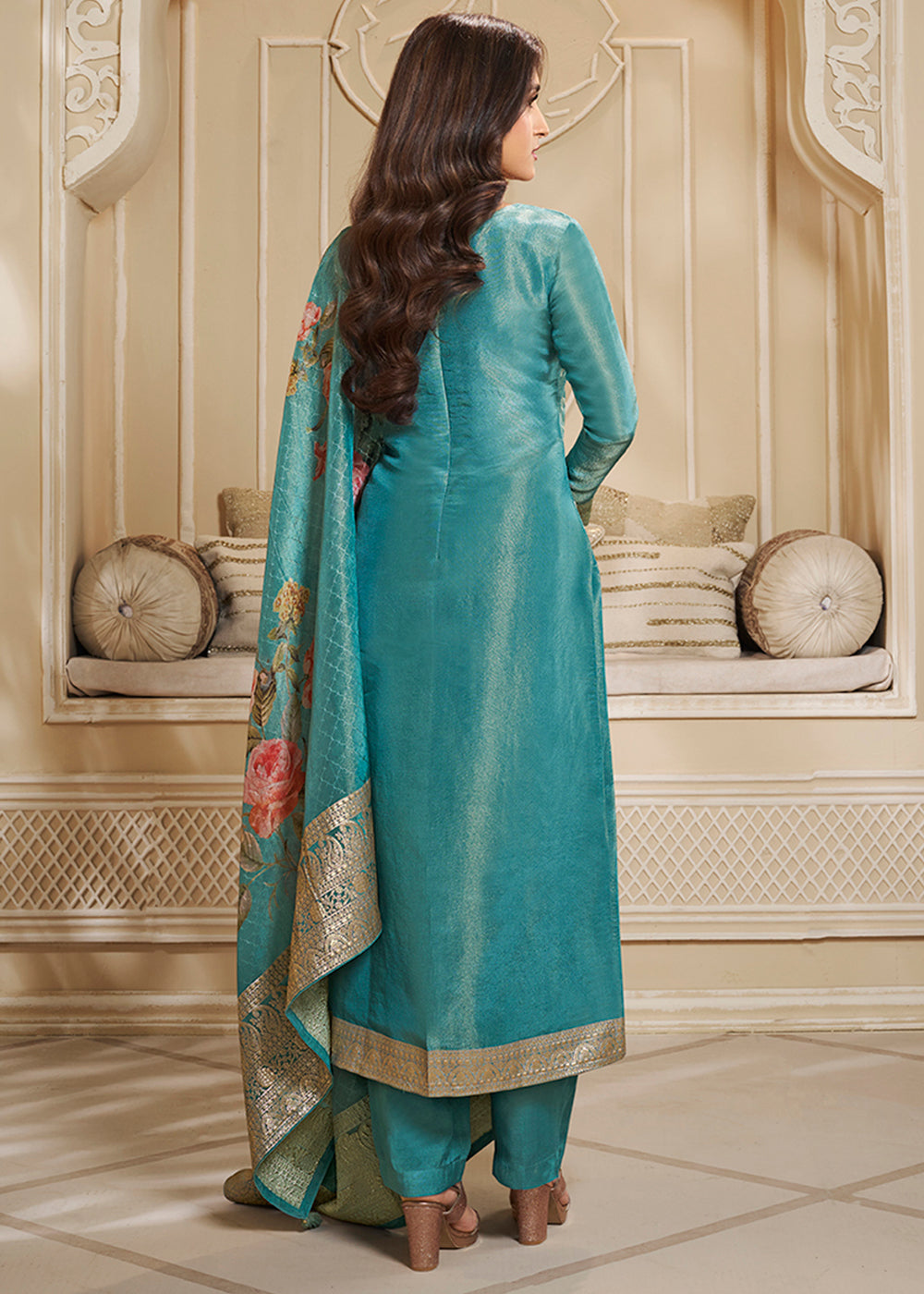 Pacific Blue Jacquard Suit in Tissue Silk Featuring Floral Jaal