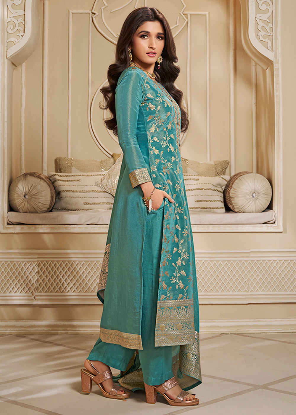 Pacific Blue Jacquard Suit in Tissue Silk Featuring Floral Jaal