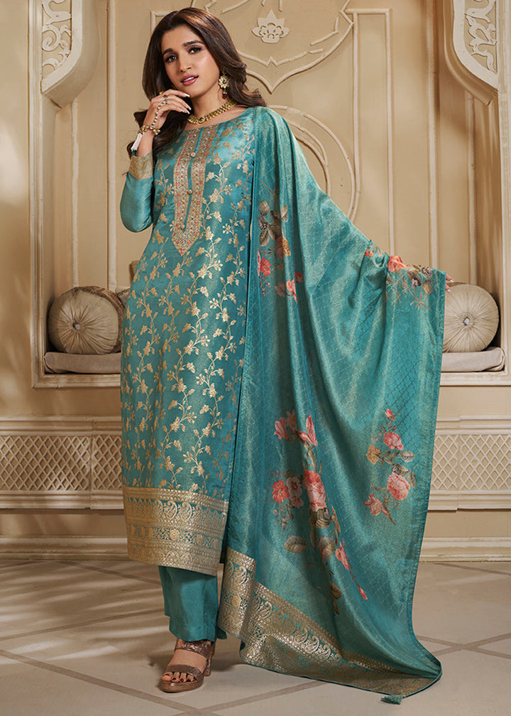 Pacific Blue Jacquard Suit in Tissue Silk Featuring Floral Jaal