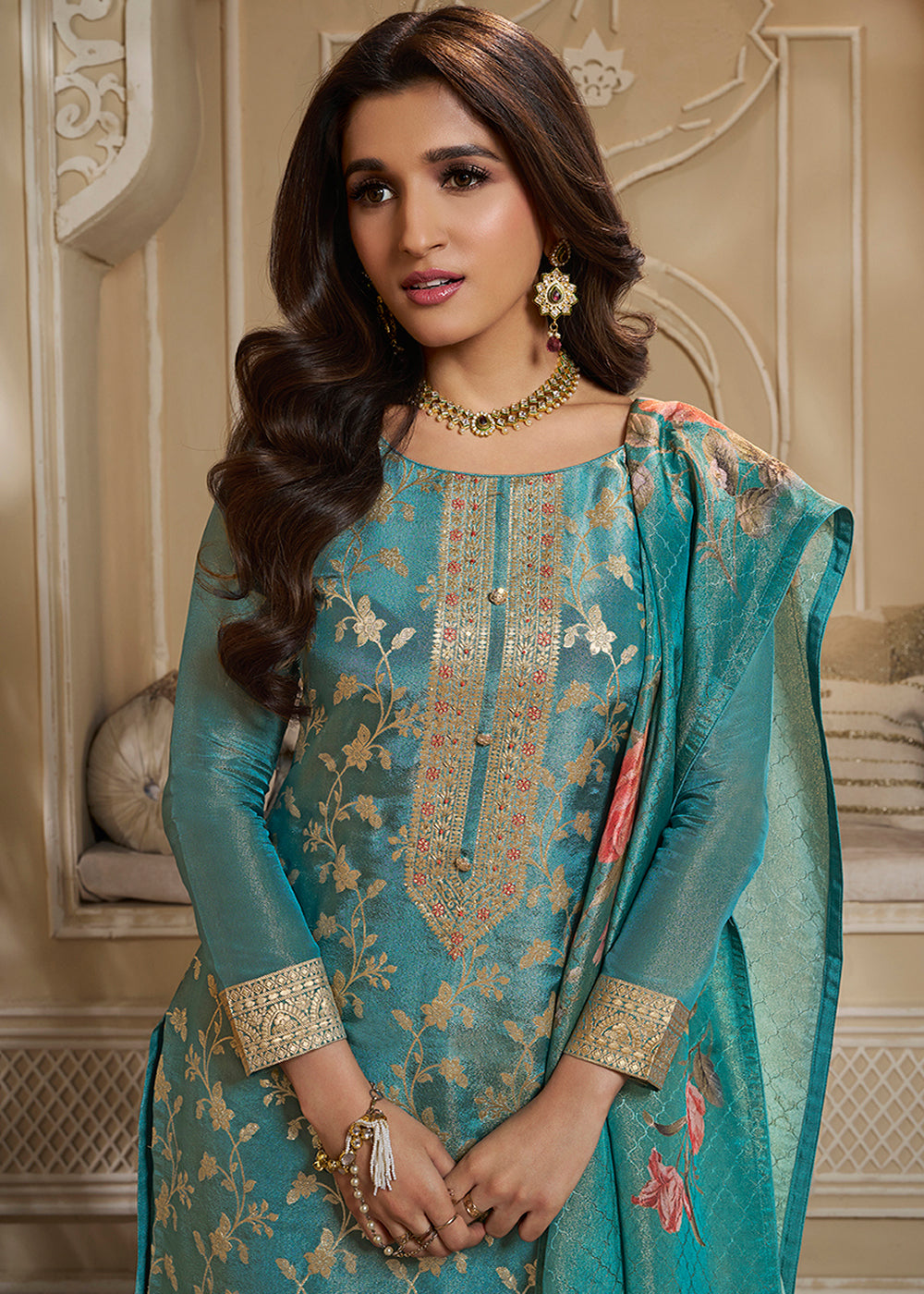 Pacific Blue Jacquard Suit in Tissue Silk Featuring Floral Jaal