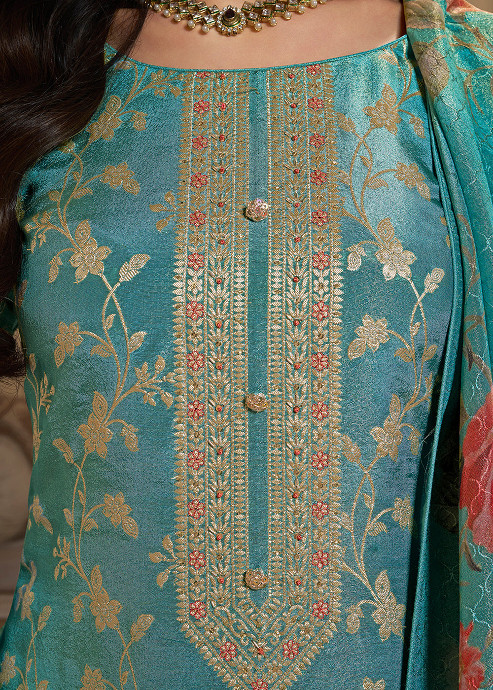 Pacific Blue Jacquard Suit in Tissue Silk Featuring Floral Jaal