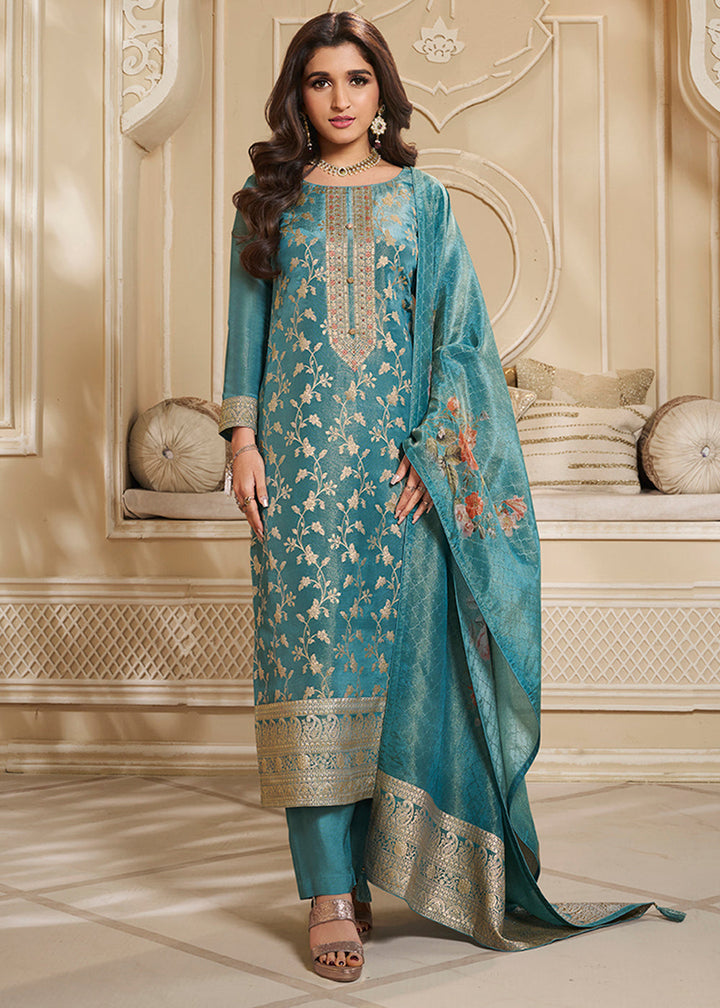 Pacific Blue Jacquard Suit in Tissue Silk Featuring Floral Jaal