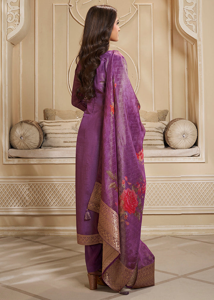 Itten Purple Jacquard Suit in Tissue Silk Featuring Floral Jaal