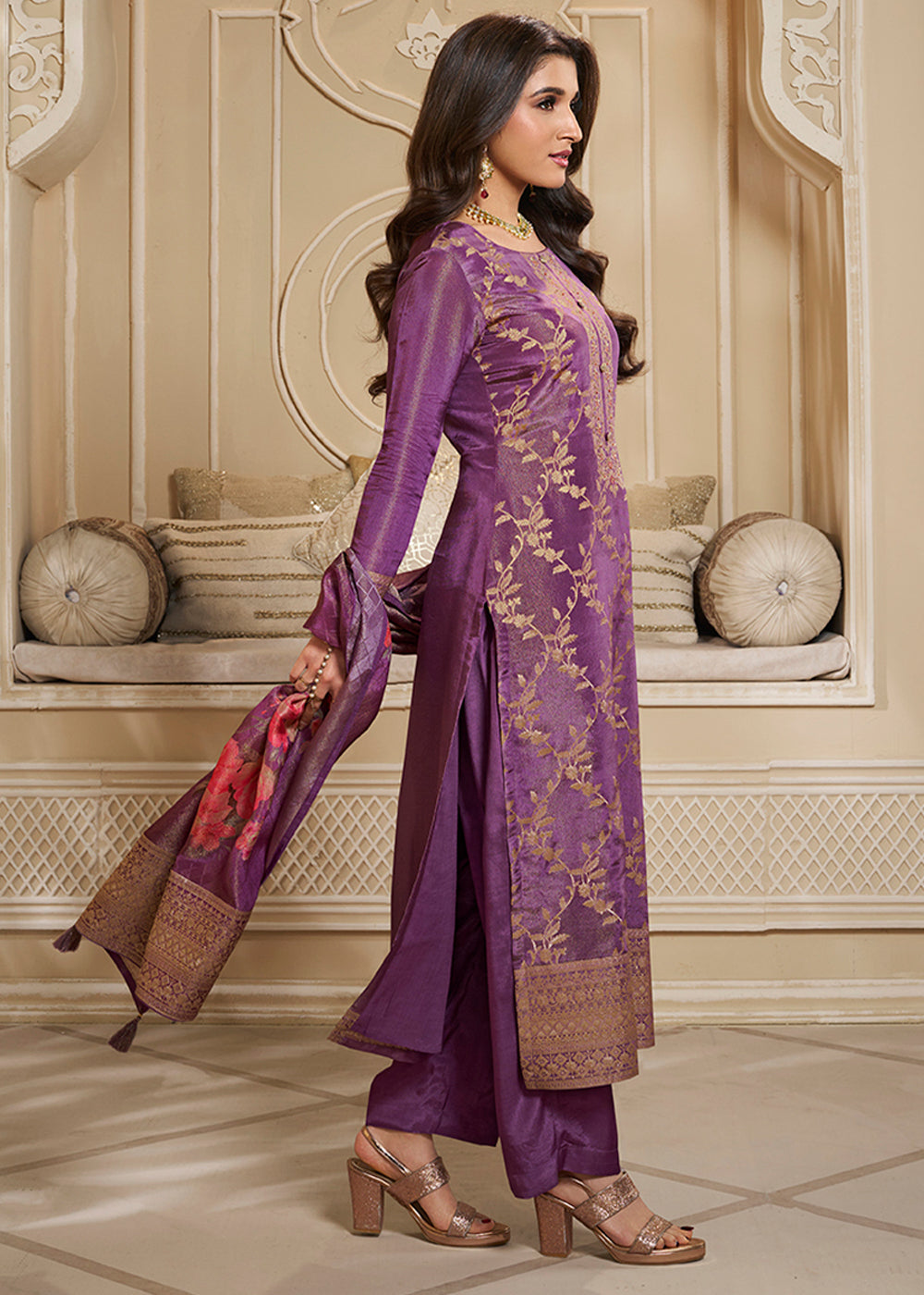 Itten Purple Jacquard Suit in Tissue Silk Featuring Floral Jaal