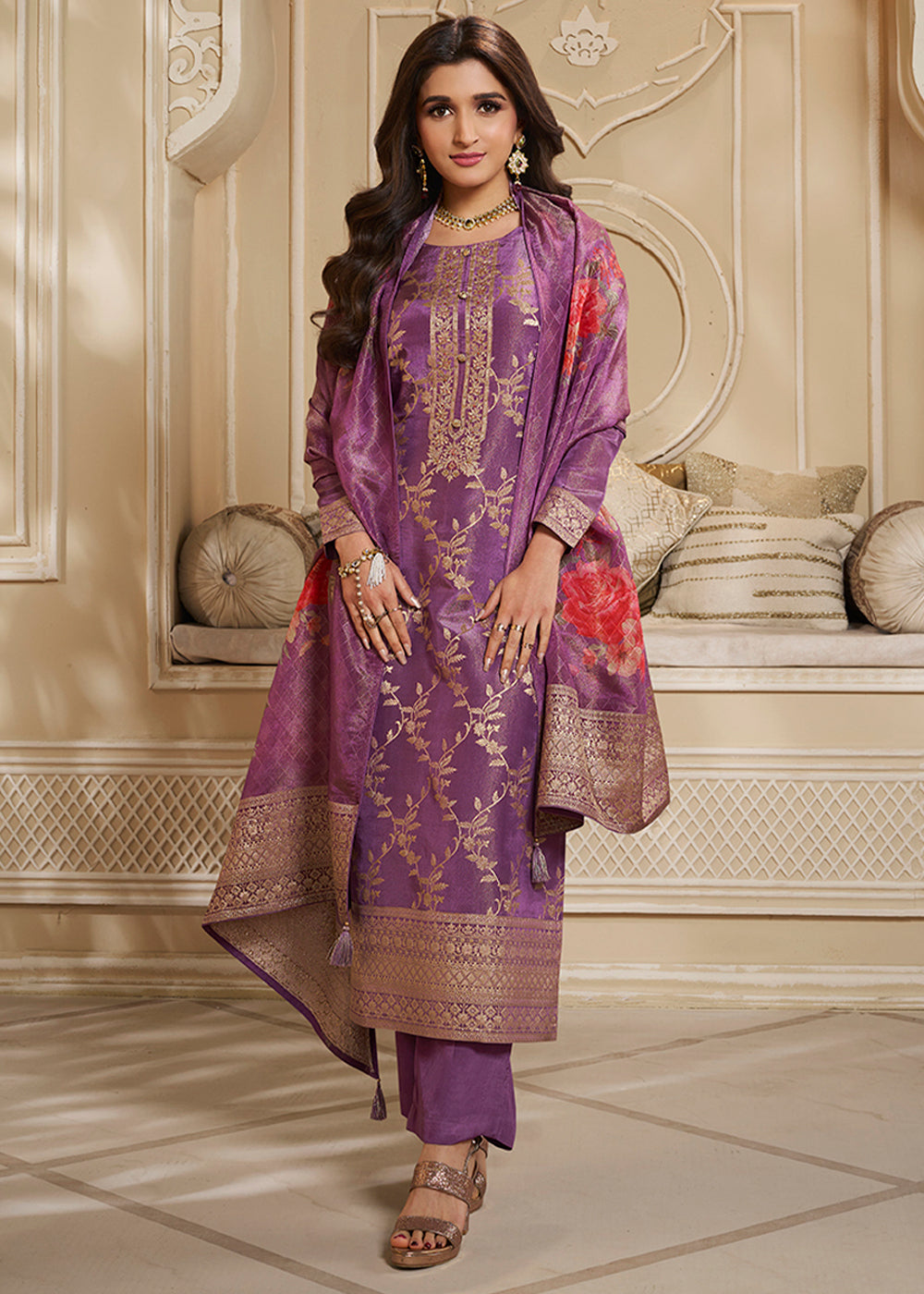 Itten Purple Jacquard Suit in Tissue Silk Featuring Floral Jaal