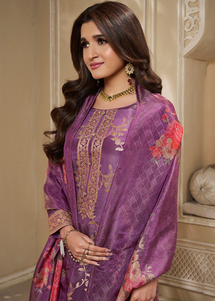 Itten Purple Jacquard Suit in Tissue Silk Featuring Floral Jaal