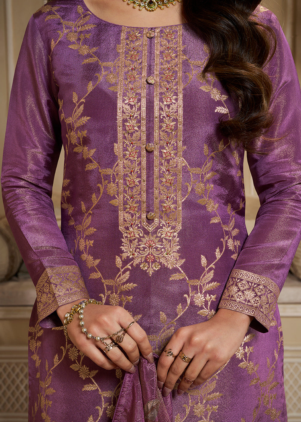 Itten Purple Jacquard Suit in Tissue Silk Featuring Floral Jaal