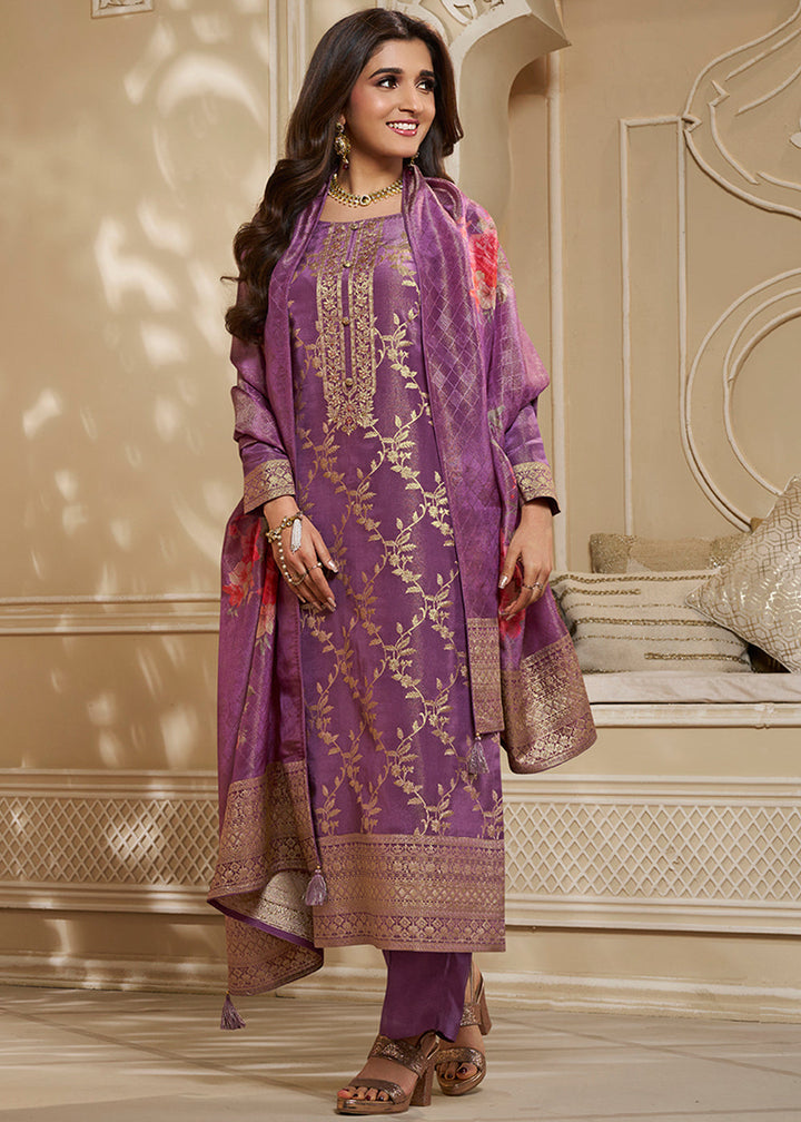 Itten Purple Jacquard Suit in Tissue Silk Featuring Floral Jaal