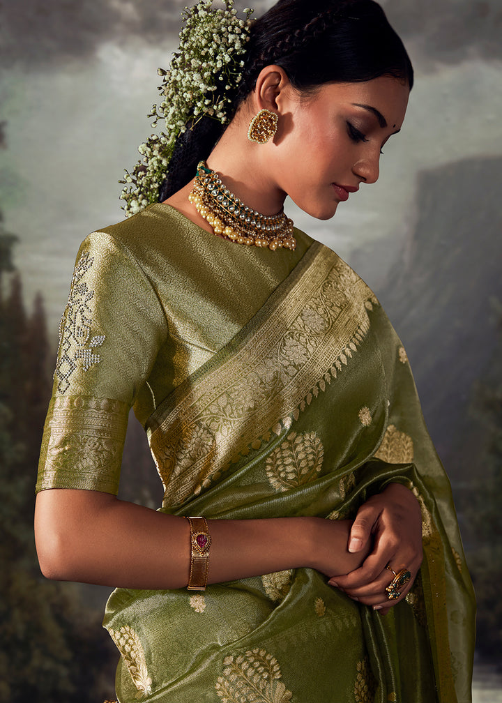 Olive Green Zari Embellished Banarasi Organza Silk Saree