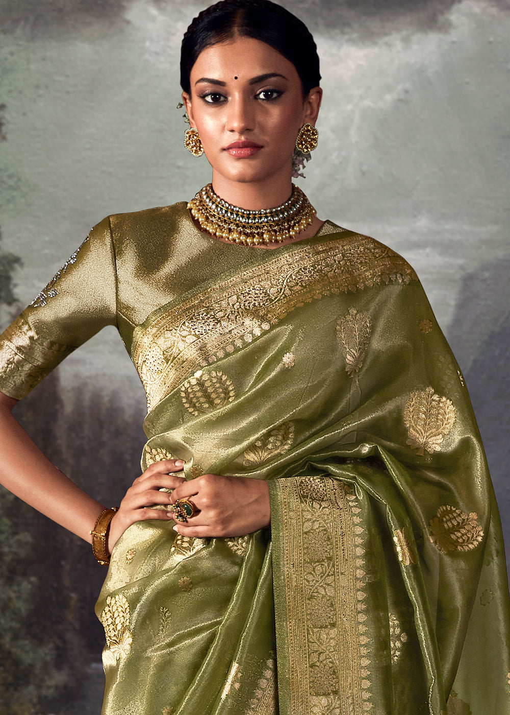 Olive Green Zari Embellished Banarasi Organza Silk Saree