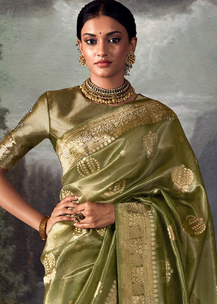 Olive Green Zari Embellished Banarasi Organza Silk Saree